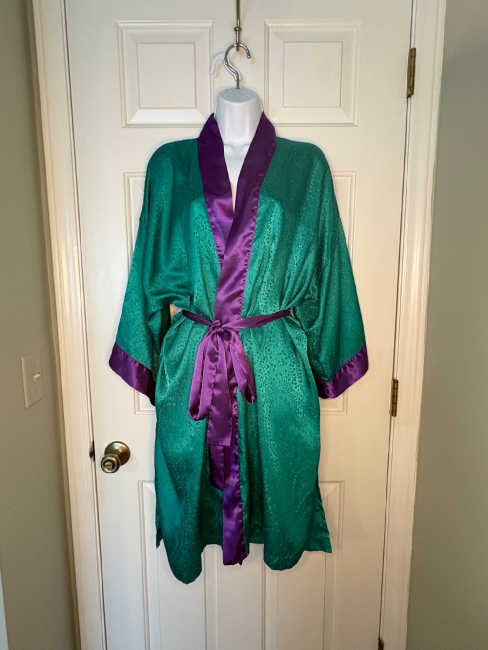 Victoria's Secret Teal Satin Robe with Purple Trim